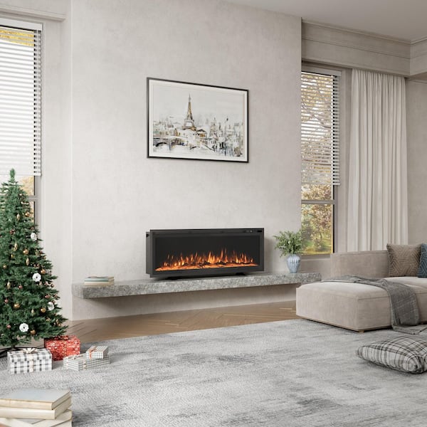 50 in. Wall-Mounted or Built-In Electronic Fireplace Insert with Adjustable Flame in Black
