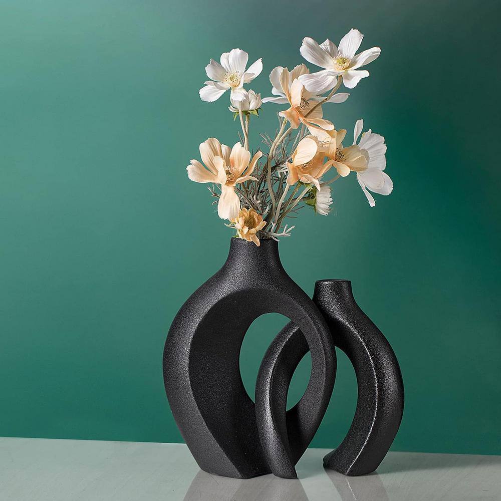 Black Ceramic Donut Shaped Decorative Vase Set of 2