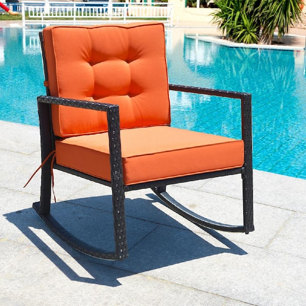Black Wicker Outdoor Rocking Chair Glider Rattan Rocker Recliner with Orange Cushions