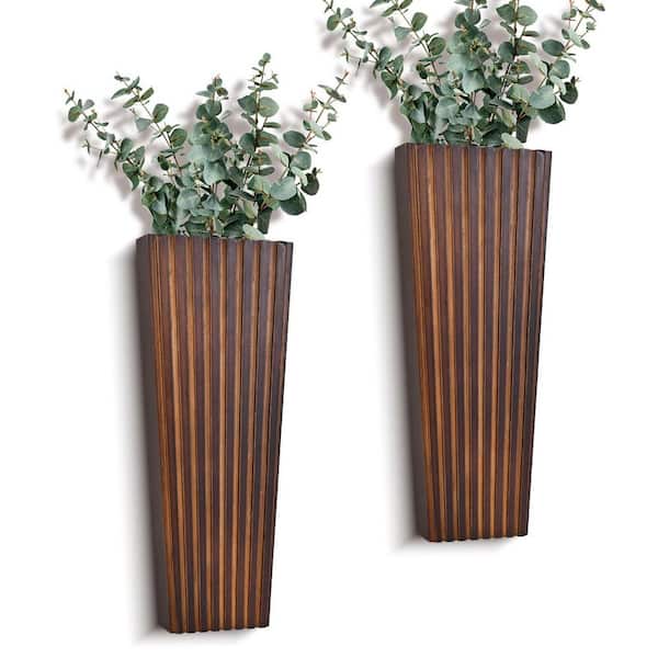 11.6 in. Tall Wood Wall Planter, Set of 2, Natural Pine, Modern Farmhouse Style, for Dried Flowers & Artificial Greenery