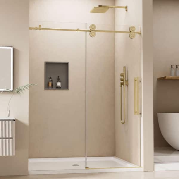 56 in.-60 in. W x 76 in. H Single Sliding Frameless Shower Door in Brushed Gold with 5/16 in. Tempered Clear Glass