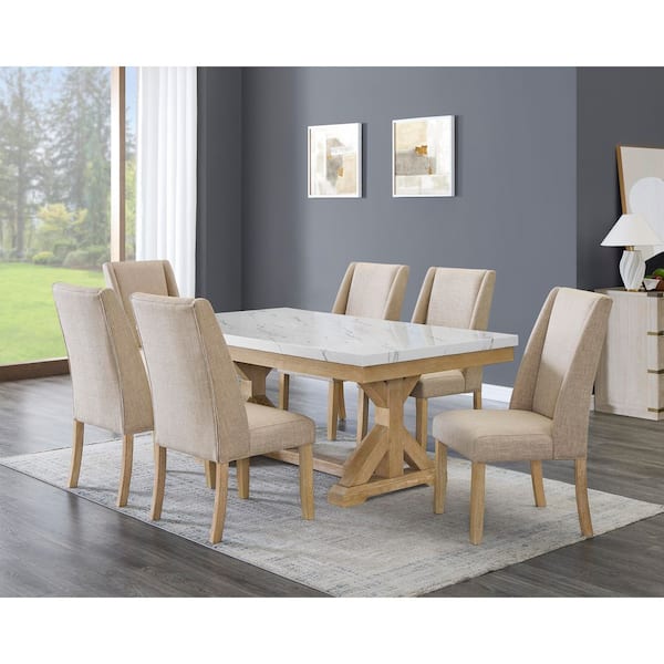 Best Quality Furniture Juno 7-Piece White Faux Marble Top Wood Rustic Beige Base Dining Set with 6 Beige Chairs