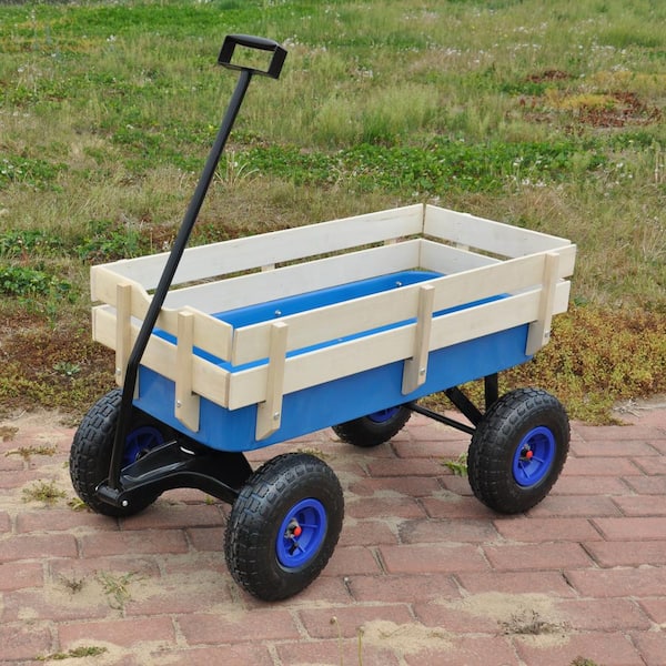 3 cu.ft. Total Steel Garden Cart Outdoor Wagon All Terrain Pulling with  Wood Railing Air Tires in Blue