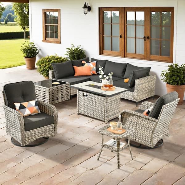 Toject Savona 9-Piece Wicker Outdoor Patio Conversation Sectional Chair Set with Rectangular Fire Pit and Black Cushions