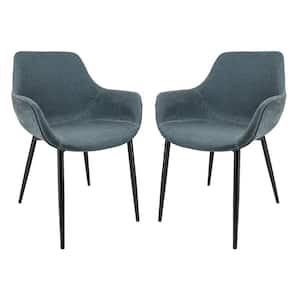 Markley Peacock Blue Modern Leather Dining Arm Chair with Black Metal Legs (Set of 2)