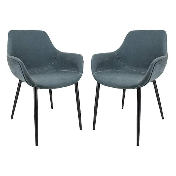 Markley Peacock Blue Modern Leather Dining Arm Chair with Black Metal Legs (Set of 2)
