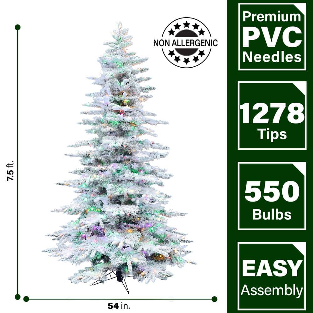 7.5-Ft Flocked Pine Artificial Christmas Tree with Multicolor LED Lights