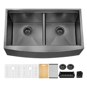 36 in. Farmhouse/Apron-Front Double Bowl 18 Gauge Gunmetal Black Stainless Steel Workstation Kitchen Sink