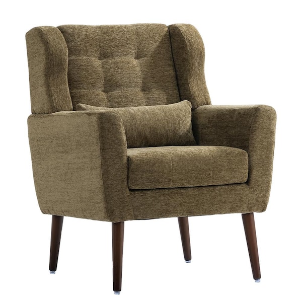 Tenleaf Brown Wood Outdoor Lounge Chair with Olive Green Cushion
