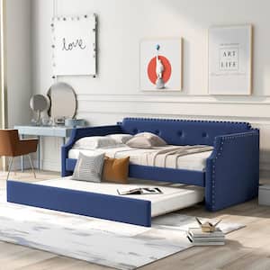 Blue Twin Upholstered Daybed with Trundle, Wood Slat Support