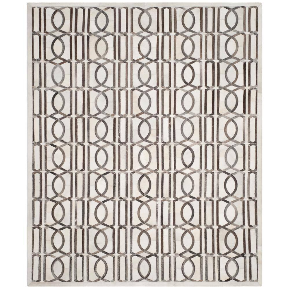 Ivory and Gray Hand-Knotted Geometric Cowhide Rug