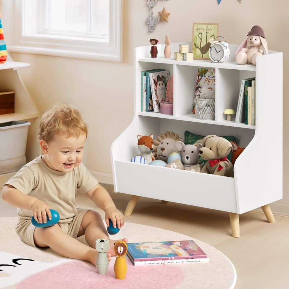 White Kids Bookshelf Display Organizer with Toy Storage and Solid Wood Legs for Bedroom