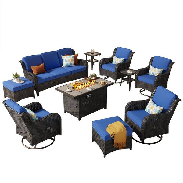Hoppish Brown 10-Piece Wicker Patio Rectangle Fire Pit Conversation Set with Navy Blue Cushions and Swivel Chairs