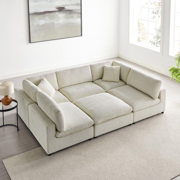 Casella 120 in. Square Arm 6-Piece Polyester Corduroy Fabric Modular Sectional Sofa in Beige