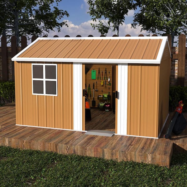 Brown 12 ft. W x 8 ft. D Heavy-Duty Metal Storage Shed with Windows, Lockable Door, Ventilation-Weatherproof(96 sq. ft.)