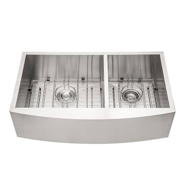 36 in. Farm hourse Double Bowl 16-Gauge Brushed Nickel Stainless Steel Kitchen Sink with Bottom Grids