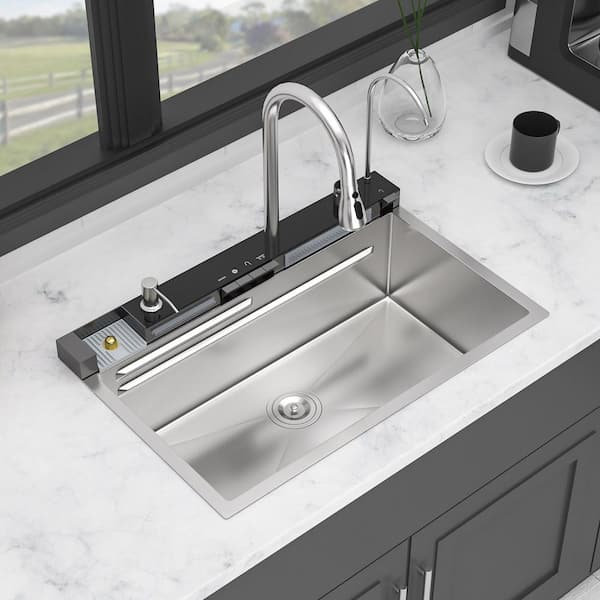 30 in. Drop-In Single Bowl 16 Gauge Brushed Nickel Stainless Steel Kitchen Sink with Workstation