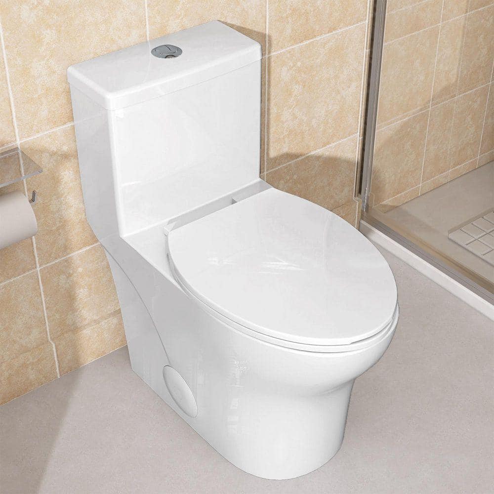 NTQ ADA Compliant 1-Piece Toilet 1.1/1.6 GPF Water-Efficient Dual Flush Elongated 19 in. Toilet in White Soft Close Seat