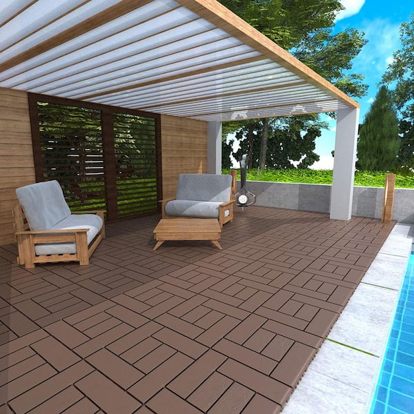 Tunearary 12 in. x 12 in. Brown Outdoor Modular Interlocking Deck Tile Floor Tile, DIY, 44-Pieces