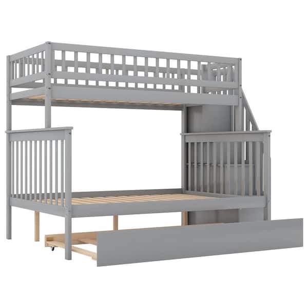 ZIRUWU Gray Twin over Full Bunk Bed with Trundle and Staircase