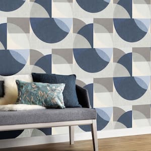 ELLE Decoration Collection Blue/Grey Circle Graphic Design Vinyl on Non-Woven Non-Pasted Wallpaper Roll(Covers 57 sq.ft)