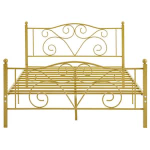 Bed Frame Queen Size Bed Mattress Foundation Support with Headboard and Footboard Metal Platform Bed, Gold