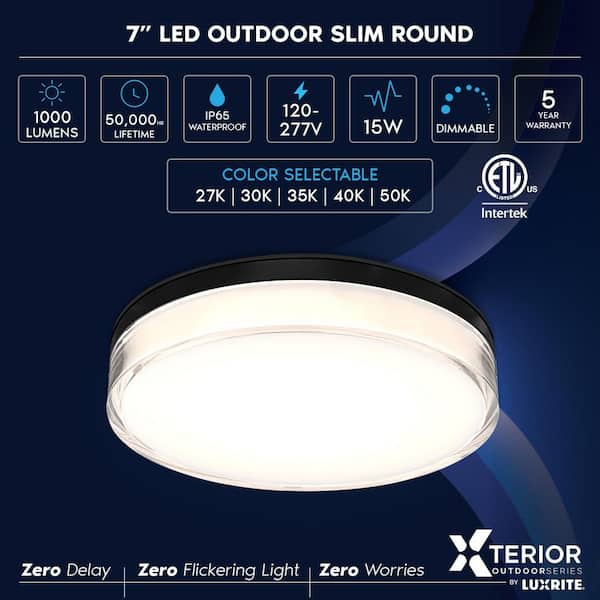 7in. 1 Light Black Outdoor Integrated LED Flush Mount Ceiling Light 15W 1000 Lumens Dimmable Wet Rated IP65 Waterproof