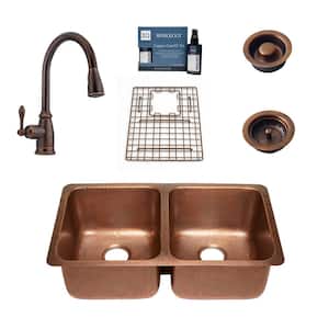 Rivera 32 in. Undermount Double Bowl 16 Gauge Antique Copper Kitchen Sink with Canton Faucet Kit