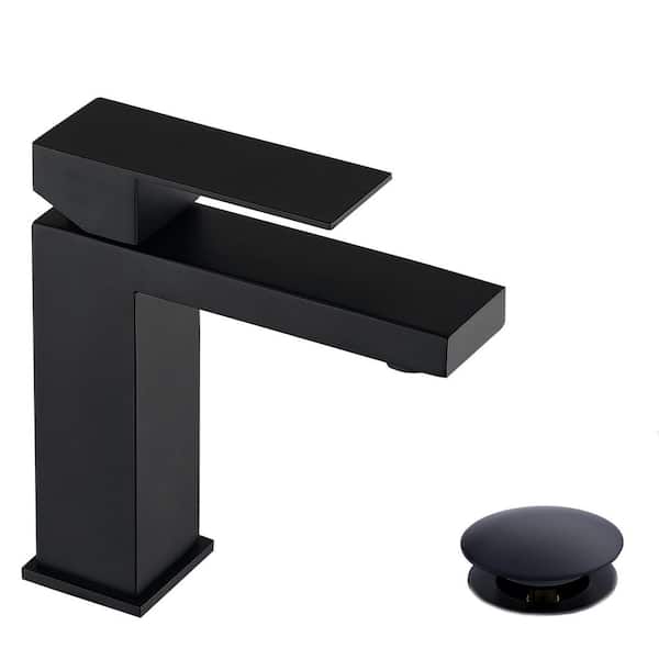 Single Handle Single Hole 15° Soft Flow Spout Bathroom Faucet with Pop-up Drain Kit in Matte Black