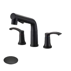 8 in. Widespread 2-Handles Pull Out Bathroom Faucet with Pop-Up Drain Kit and 3-Spray Setting in Matte Black