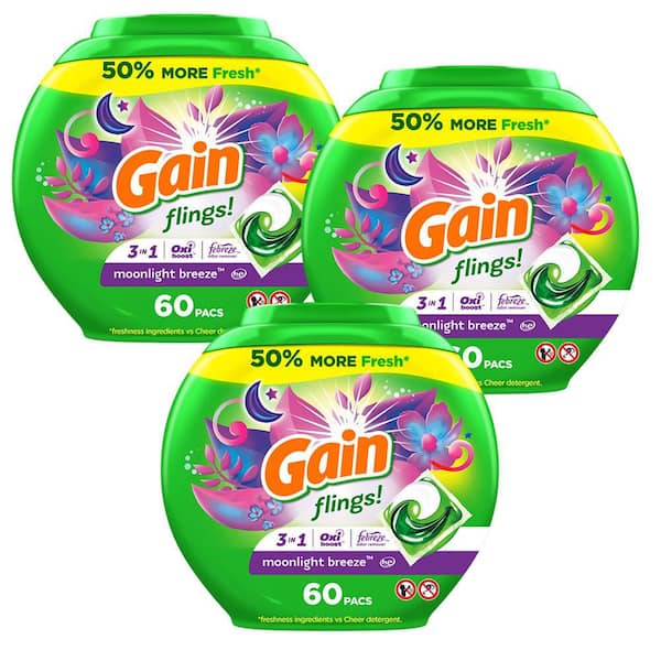 Flings Oxi Boost and Febreeze 3 in 1 HE Moonlight Breeze Scent Laundry Detergent Pods (60-Count, Multi-Pack 3)