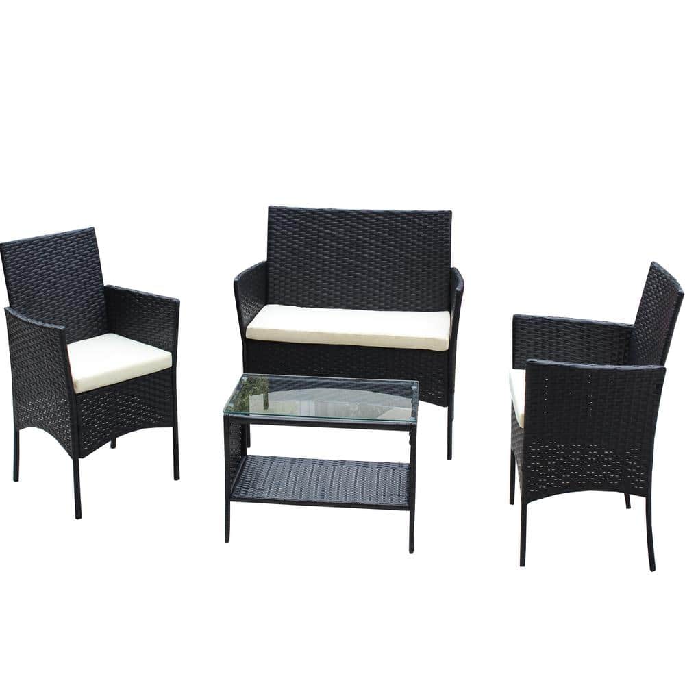 4-Pieces Rattan Patio Furniture Set, Outdoor Patio Cushioned Seat Wicker So
