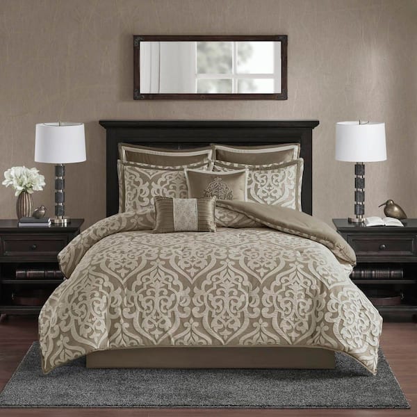 Dillon 8-Piece Tan/Ivory Polyester Queen Comforter Set