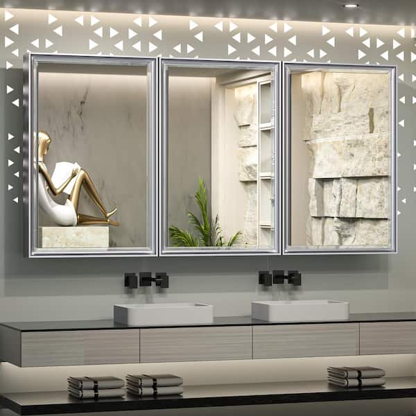 KeonJinn 60 in. W x 30 in. H Rectangular Aluminum Alloy Silver Framed Recessed/Surface Mount Medicine Cabinet with Mirror