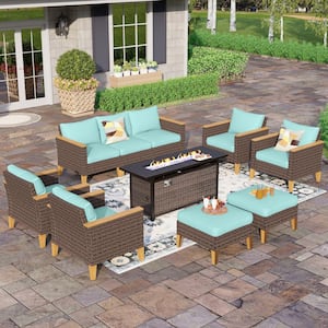 Brown Rattan Wicker 9 Seat 10-Piece Steel Outdoor Patio Conversation Set with Blue Cushions, Rectangular Fire Pit Table