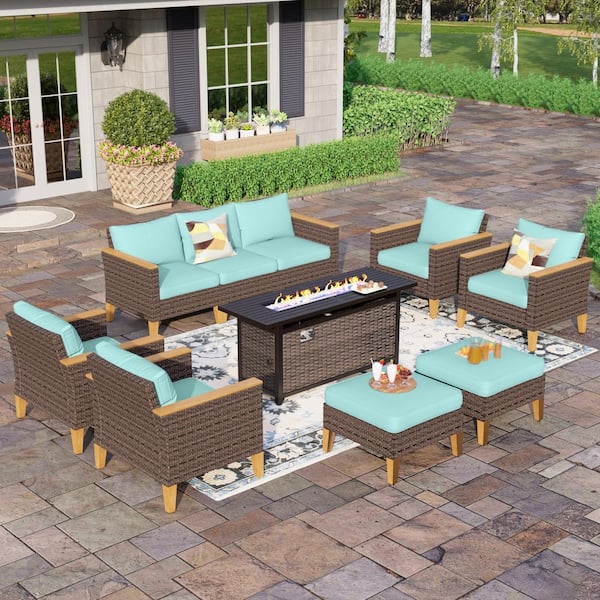 PHI VILLA Brown Rattan Wicker 9 Seat 10-Piece Steel Outdoor Patio Conversation Set with Blue Cushions, Rectangular Fire Pit Table