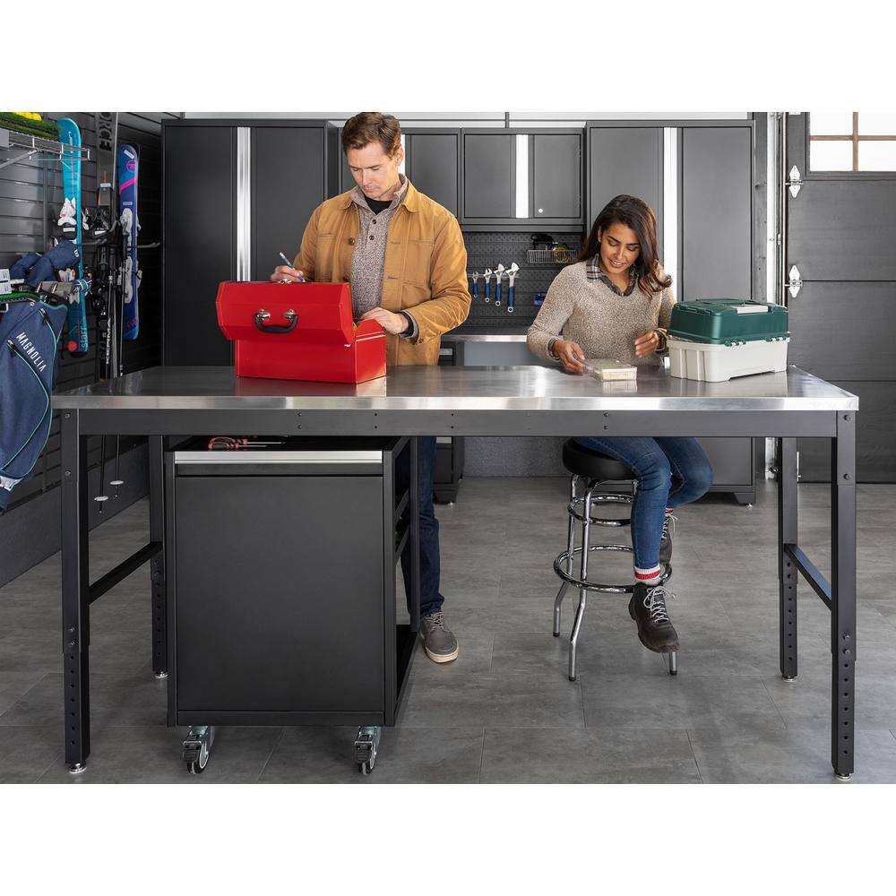 Adjustable 43" Steel Workbench in Gray/Black with Stainless Steel Top
