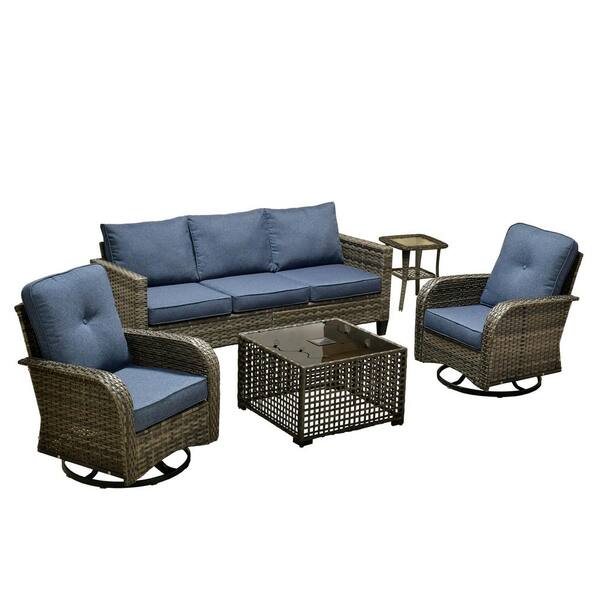 Daphne 5-Piece Wicker Patio Conversation Sofa Seating Set with Swivel Rocking Chairs and Denim Blue Cushions