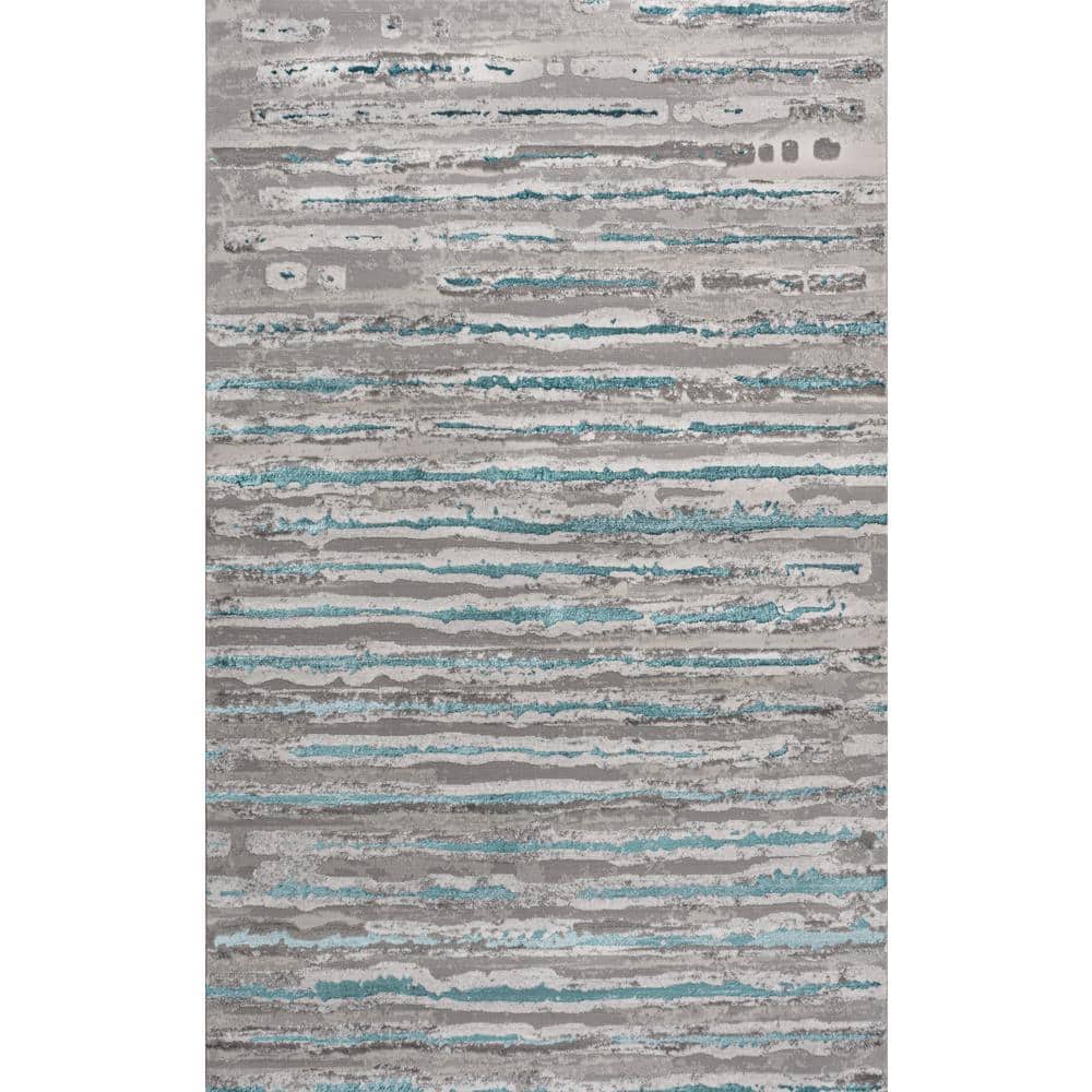 Gray and Turquoise 8' x 10' Synthetic Stripe Area Rug