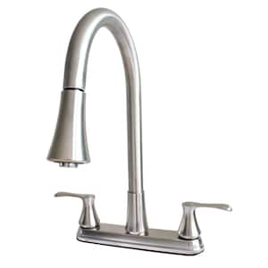 Dual Handle Pull-Down High Spout Kitchen Faucet with Dual Sprayer in Stainless Steel