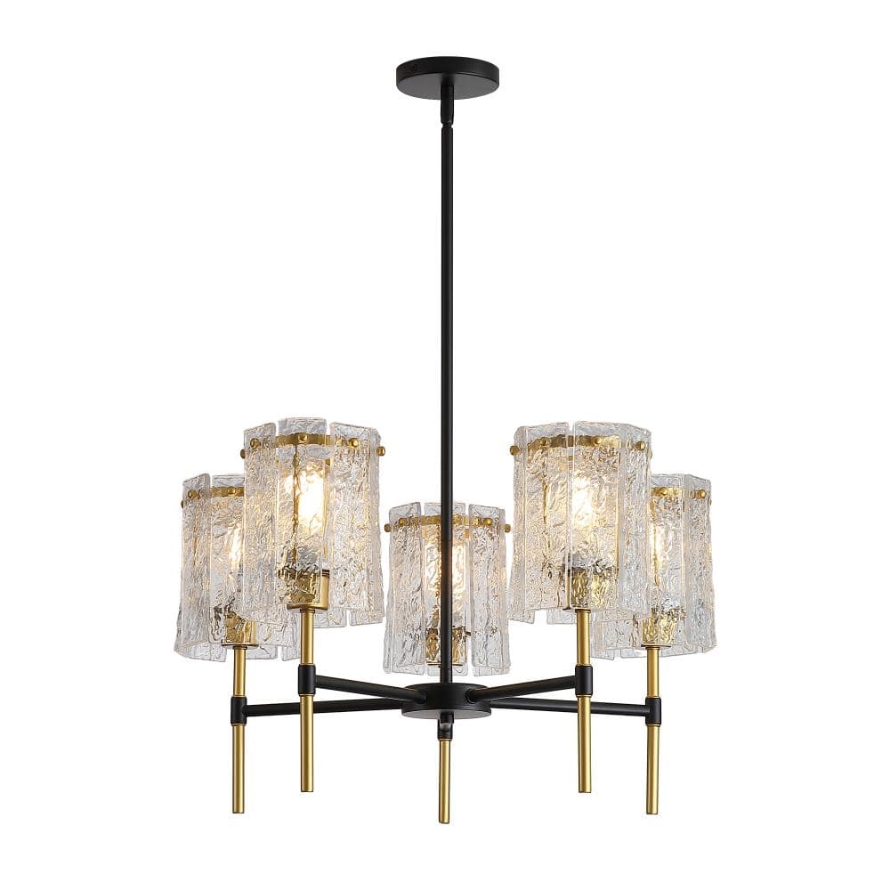 Adjustable Height Black and Gold 5-Light Chandelier Light w/ Textured Glass Cylinder Shade, E26 Bulb Not Included price history on PriceWatchPro