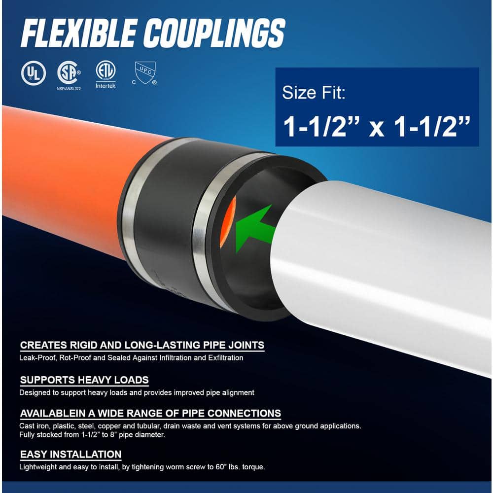 Black PVC Flexible Coupling with Stainless Steel Clamps, 1-1/2"