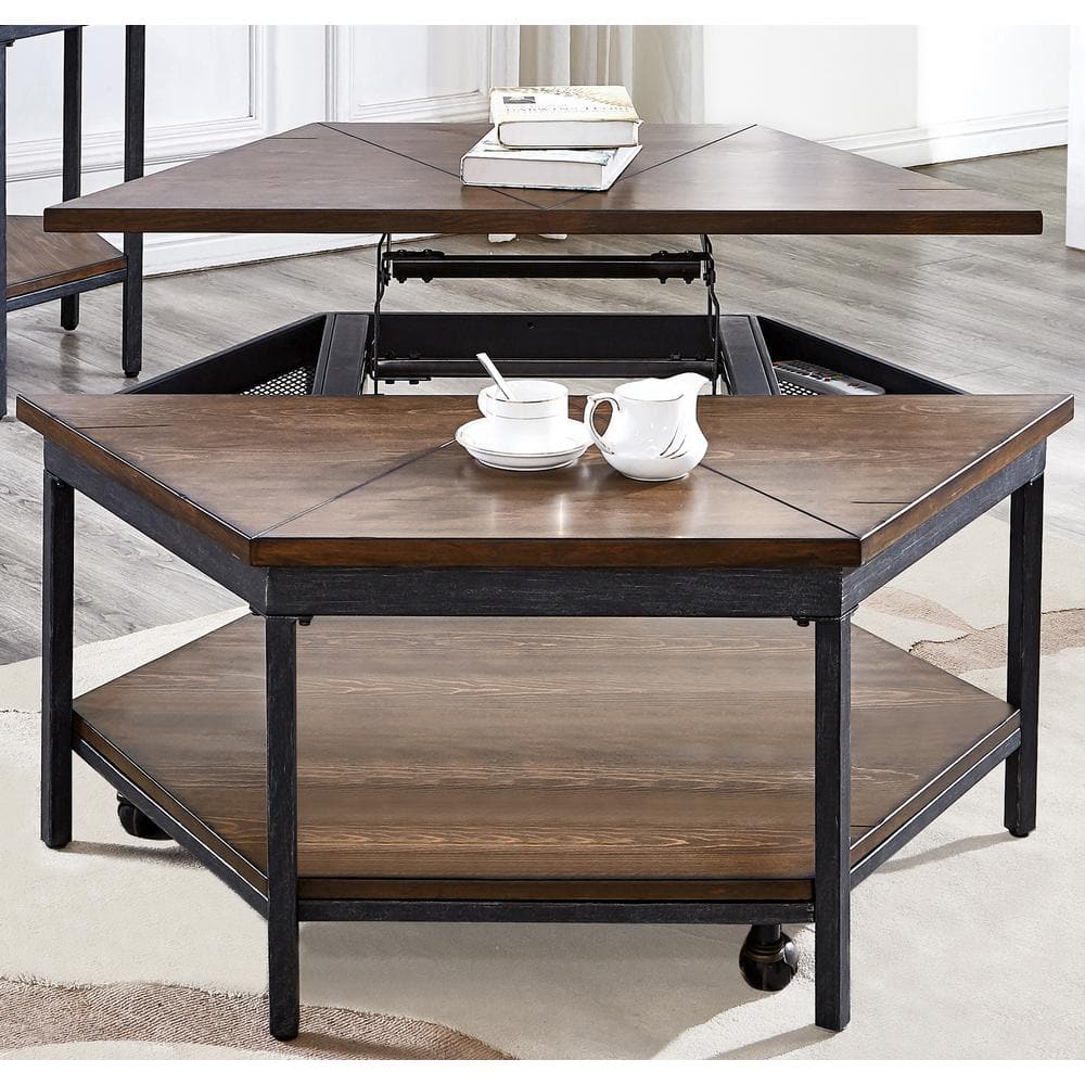 Hexagonal Medium Wood and Iron Lift-Top Coffee Table