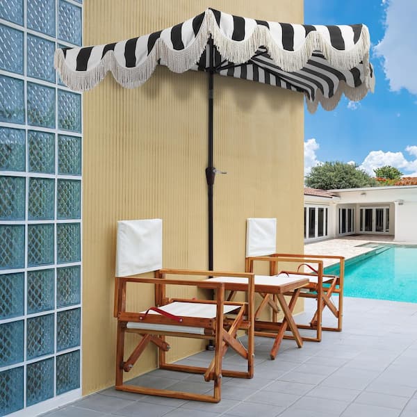 Beverly 9 ft. Scalloped Fringe Half Market Patio Umbrella with Crank, Push Button Tilt and UV Protection in Black/White