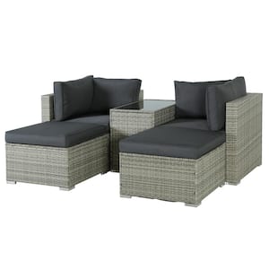 5-Piece Gray Rattan Wicker Outdoor Patio Sectional Sofa Set with Dark Gray Cushions for Garden Balcony Backyard