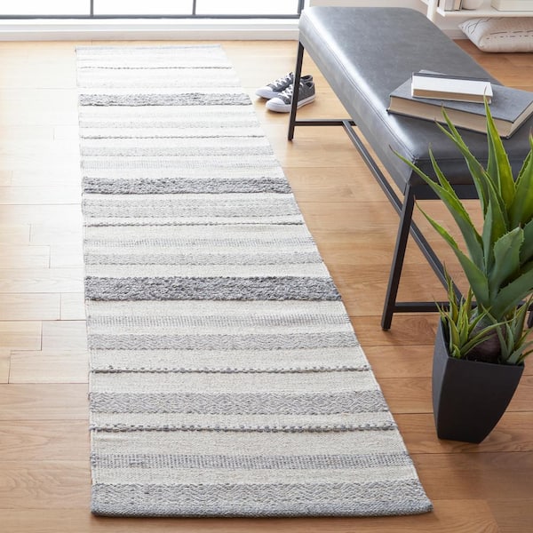 Striped Kilim Ivory Grey 2 ft. X 9 ft. Striped Runner Rug
