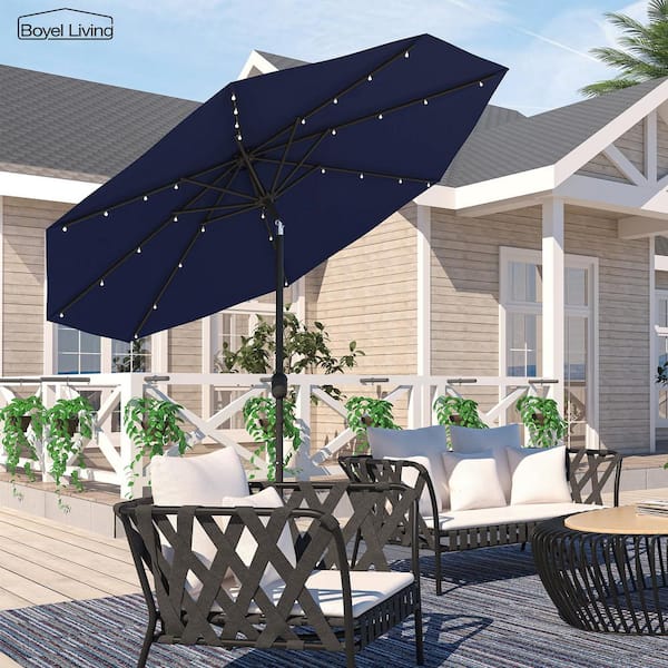 Boyel Living 9 ft. Patio Umbrella Outdoor Market 32 LED Solar Umbrella with Tilt and Crank in Navy