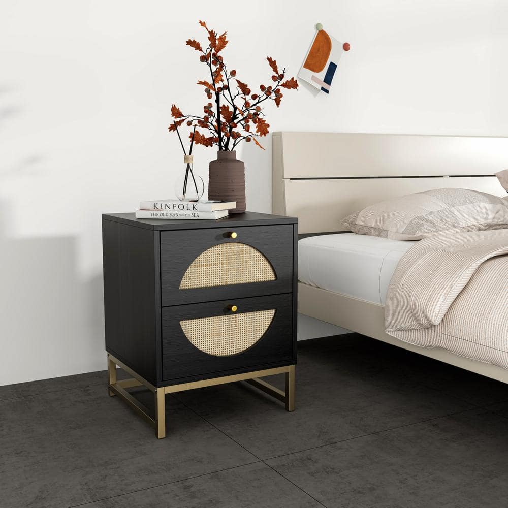 Angel Sar 2-Drawer Black Rattan Wood Nightstand, Bedroom Storage ...