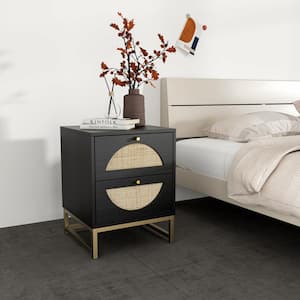 2-Drawer Black Rattan Wood Nightstand, Bedroom Storage Bedside Table (20.94 in. H x 15.75 in. W x 15.75 in. D)