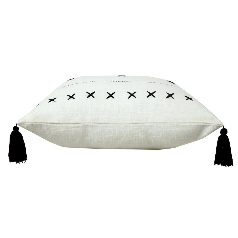 20" White and Black Embroidered Cotton Throw Pillow